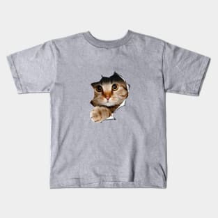 Cute cat crawls out of a torn wall. Meme Kids T-Shirt